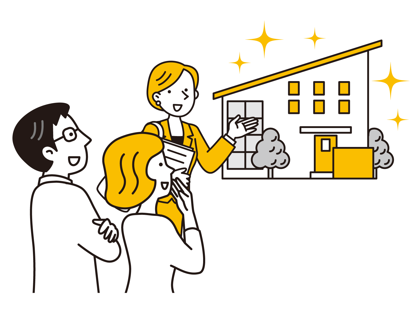 リフォームされた家を案内する女性と案内された家族